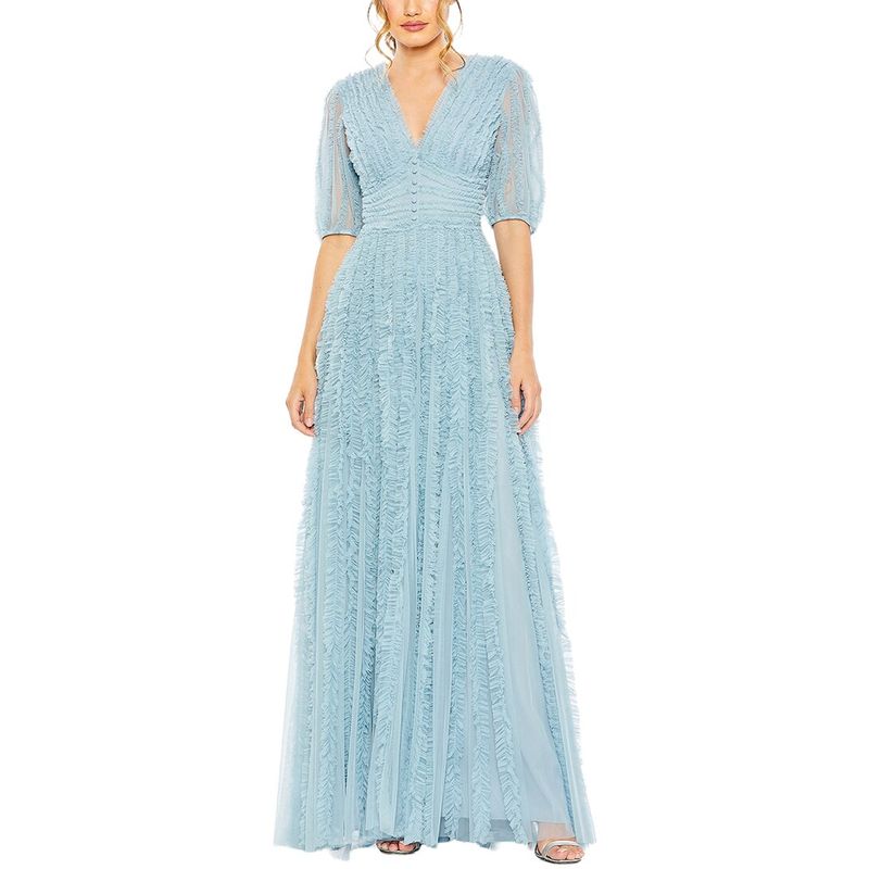Mac Duggal Womens V Neck Puff Sleeve Ruffle Tiered Mesh A Line Gown, Blue
